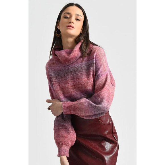 NEW ENTRO Ombre Turtleneck Sweater Sunset Stripe Drop Shoulders Pink Women's L - Picture 1 of 10